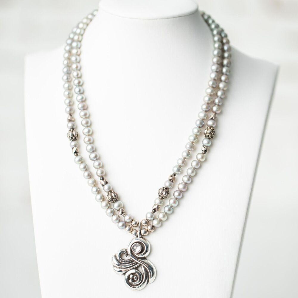 Vintage Double Strand Gray Pearl Necklace Silver Plate Swirl Pendant Statement